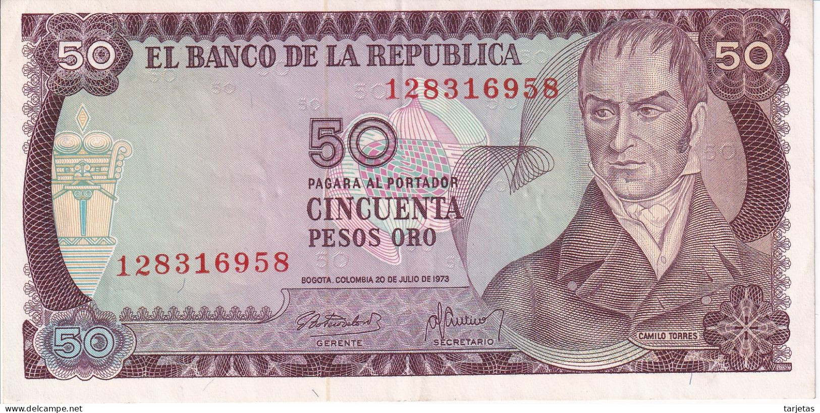 BILLETE DE COLOMBIA DE 50 PESOS DE ORO DEL AÑO 1973 EN CALIDAD EBC (XF)  (BANK NOTE) - Colombie