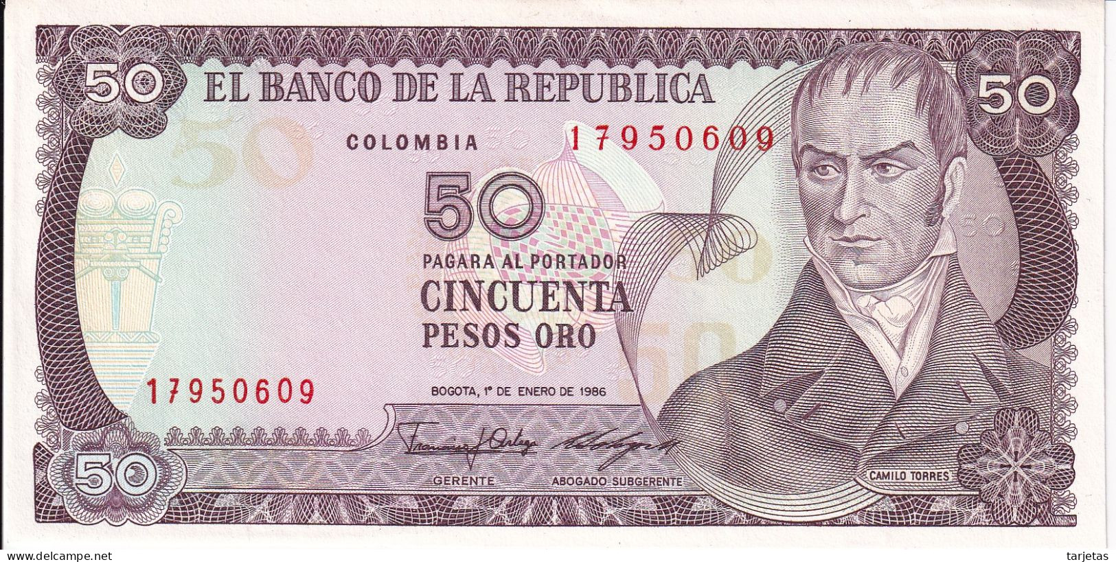 BILLETE DE COLOMBIA DE 50 PESOS DE ORO DEL AÑO 1986 SIN CIRCULAR (UNC)  (BANK NOTE) - Colombie