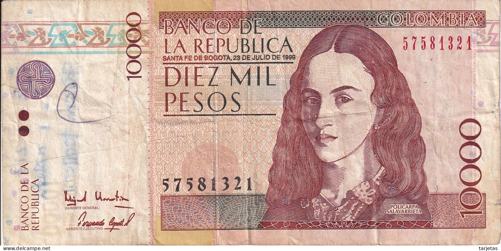 BILLETE DE COLOMBIA DE 10000 PESOS DEL AÑO 1999 (BANKNOTE) - Colombie