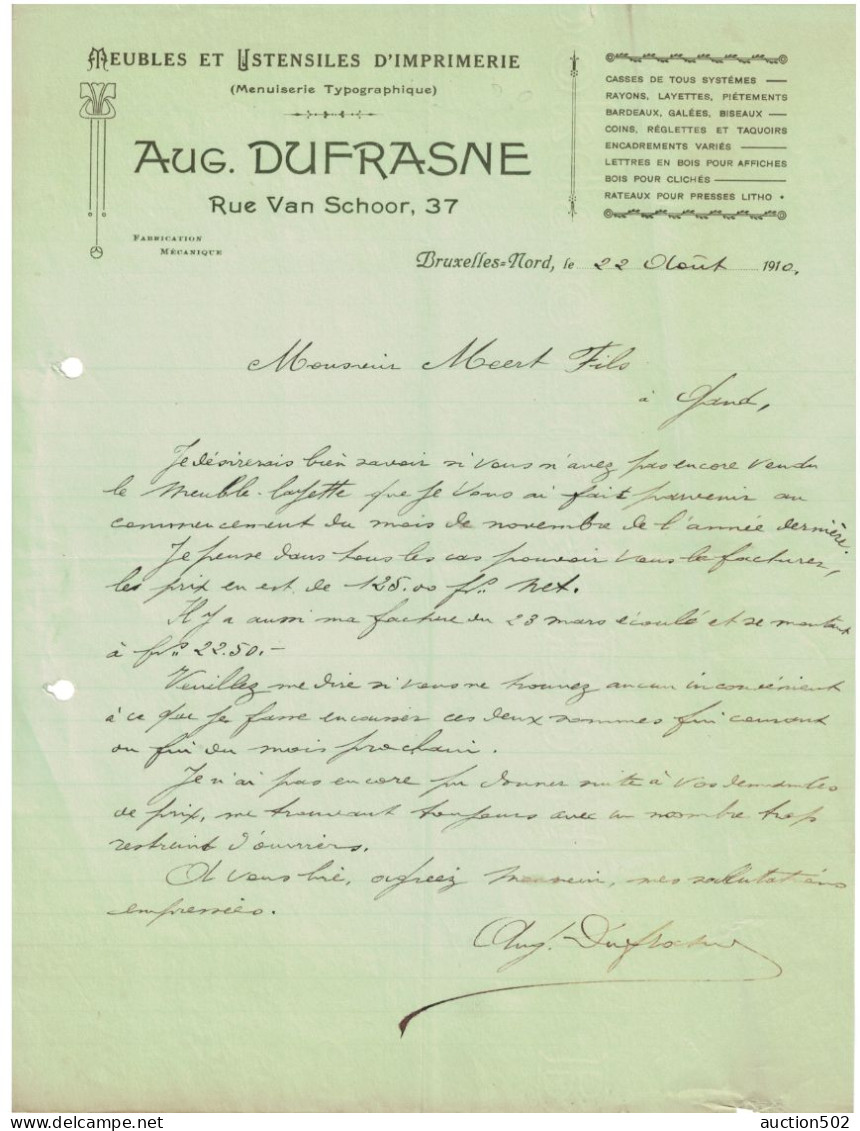 Facture 1910 Bruxelles-Nord Aug. Dufrasne Meubles Et Ustensilrs D'Imprimerie ( Menuiserie Typographique ) - Stamperia & Cartoleria