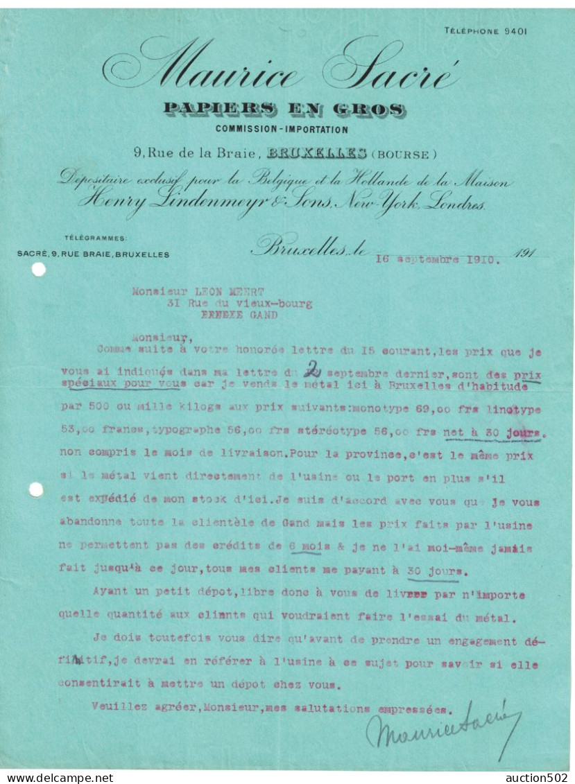 Document Commercial 1910 Bruxelles(Bourse) Maurice Sacré Papiers En Gros - Petits Métiers