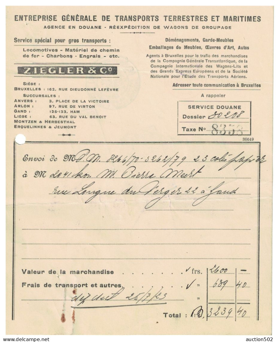 Documents Commerciaux Entre 1917-1923 Laeken-BXL Ziegler & Co + TP Fiscaux - Trasporti