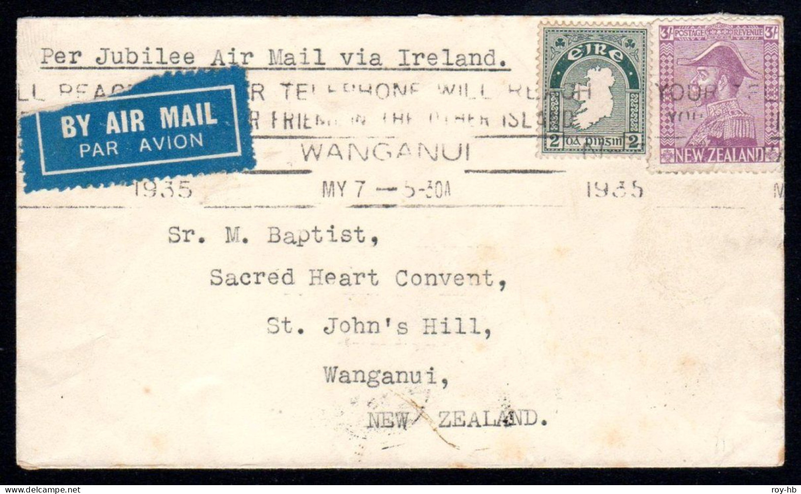 1935 (May 7) Cover From Wanganui (NZ) Headed "Per Jubilee Air Mail Via Ireland", Franked NZ Admiral 3/-, Read On .... - Luftpost
