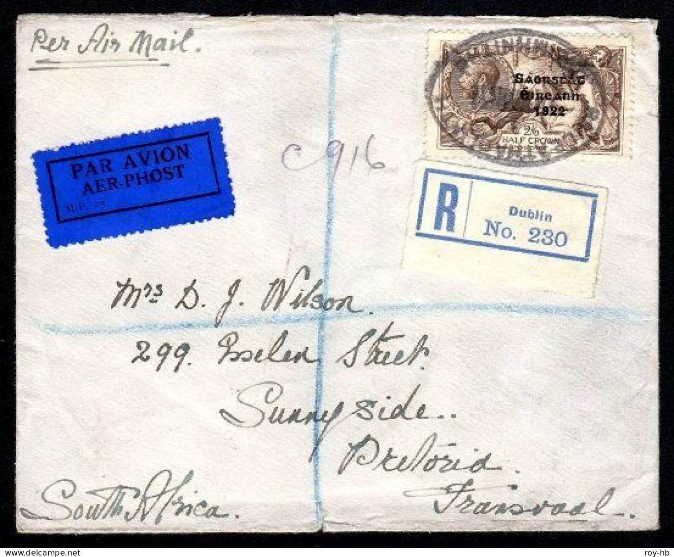 1928 2/6 From The Perfect "R" Plate, Single Franking Well Tied On A 1931 Registered Airmail Cover Dublin To Pretoria - Cartas & Documentos