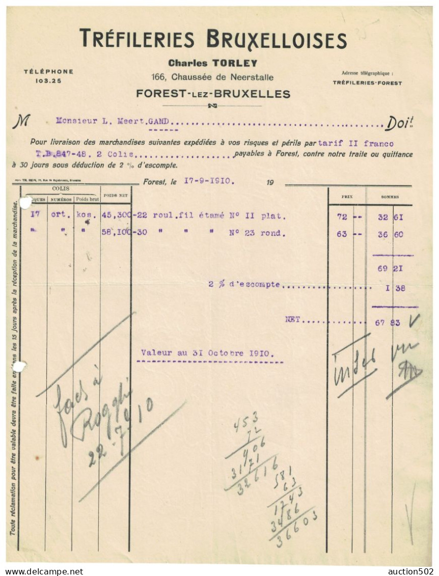 Facture 1910 FOREST-lez-BXL Charles Torley Tréfileries Bruxelloises - Petits Métiers