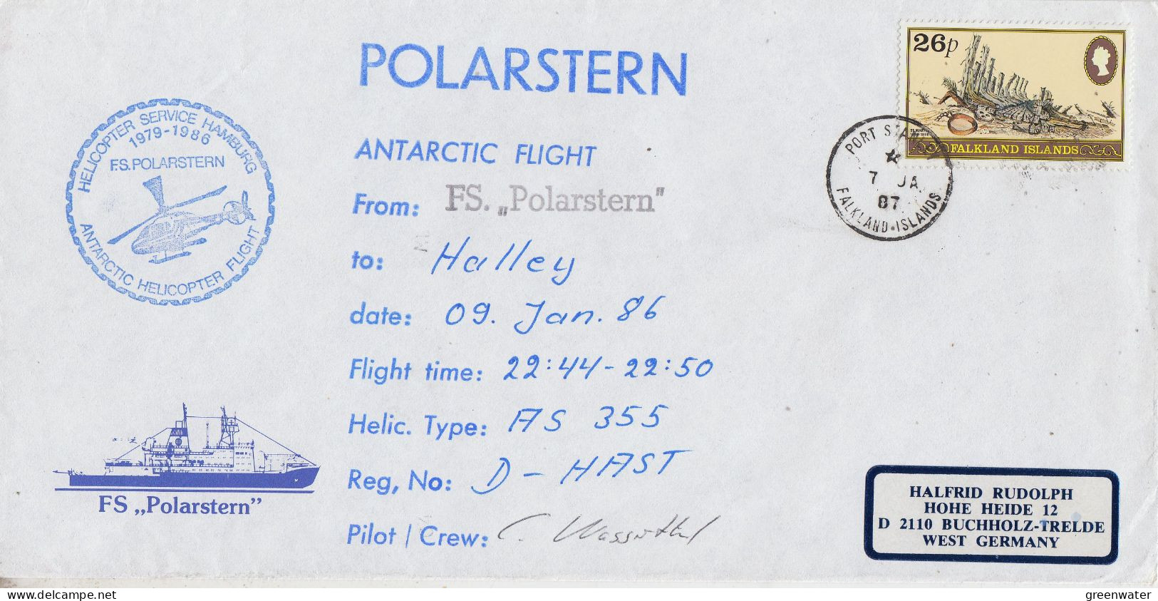 British Antarctic Territory (BAT) Heli Flight From Polarstern To Halley 9 JAN 1986 Ca Polarster Ca Port Stanley (ST164A) - Polar Flights