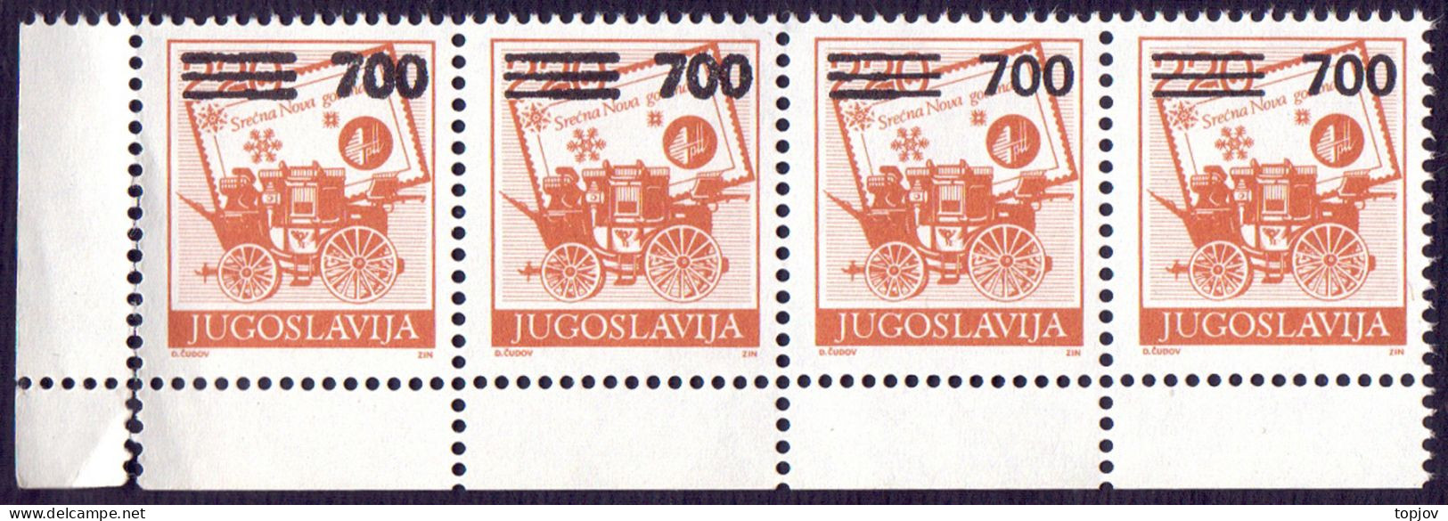 JUGOSLAVIA - ERROR  STAGECOACH  OVPT.   THICK NUMBERS VALUE  St.of 4x - **MNH - Imperforates, Proofs & Errors