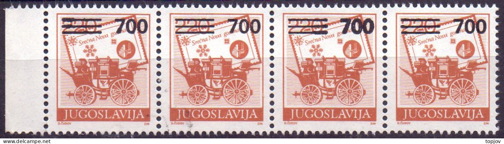 JUGOSLAVIA - ERROR  STAGECOACH  OVPT.   THICK NUMBERS VALUE  St.of 4x - **MNH - Imperforates, Proofs & Errors