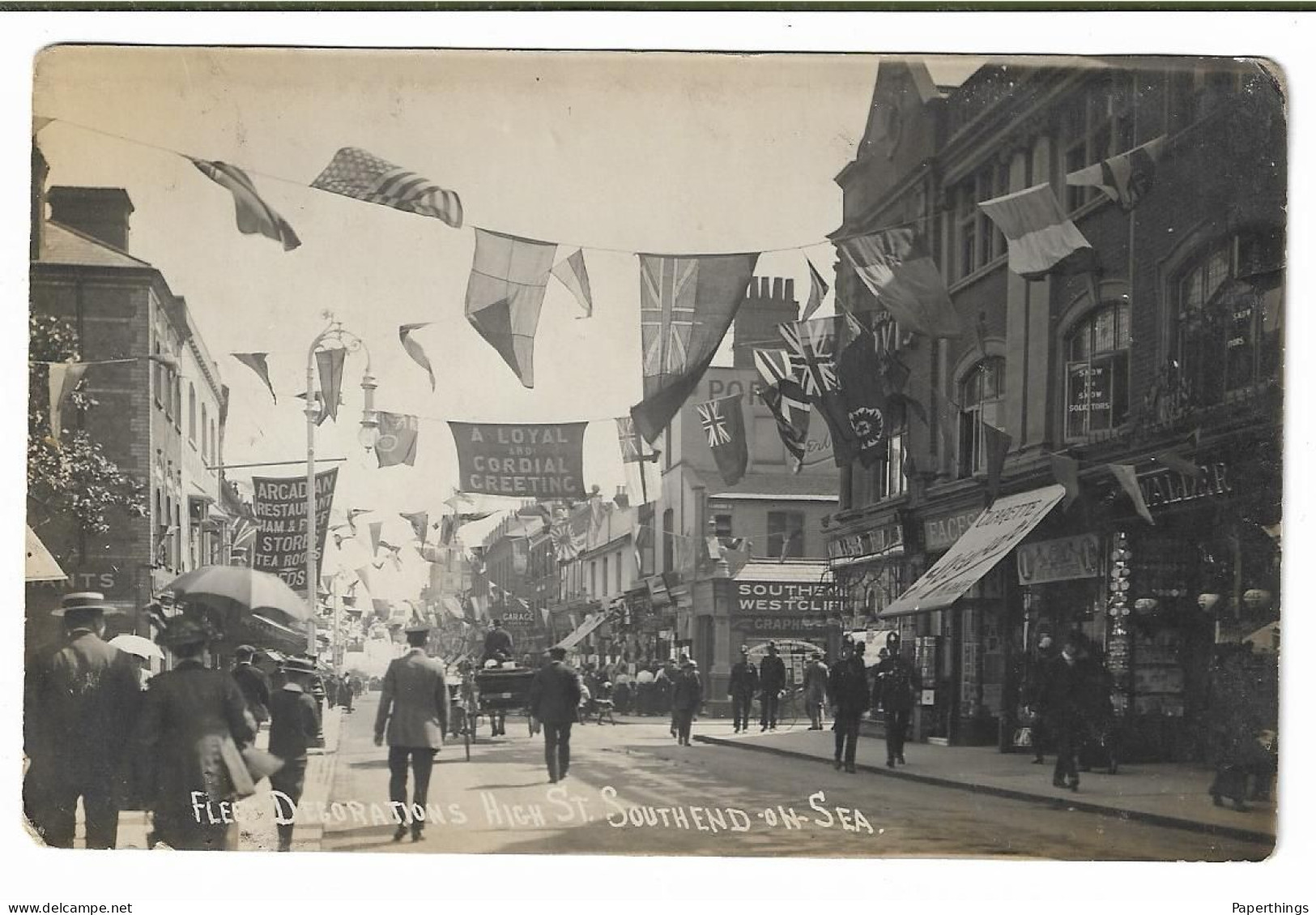 Real Photo Postcard, Essex, Southend-on Sea, High Street, Fleet Decorations, Flags, Military, Police, Shops, Early 1900s - Southend, Westcliff & Leigh