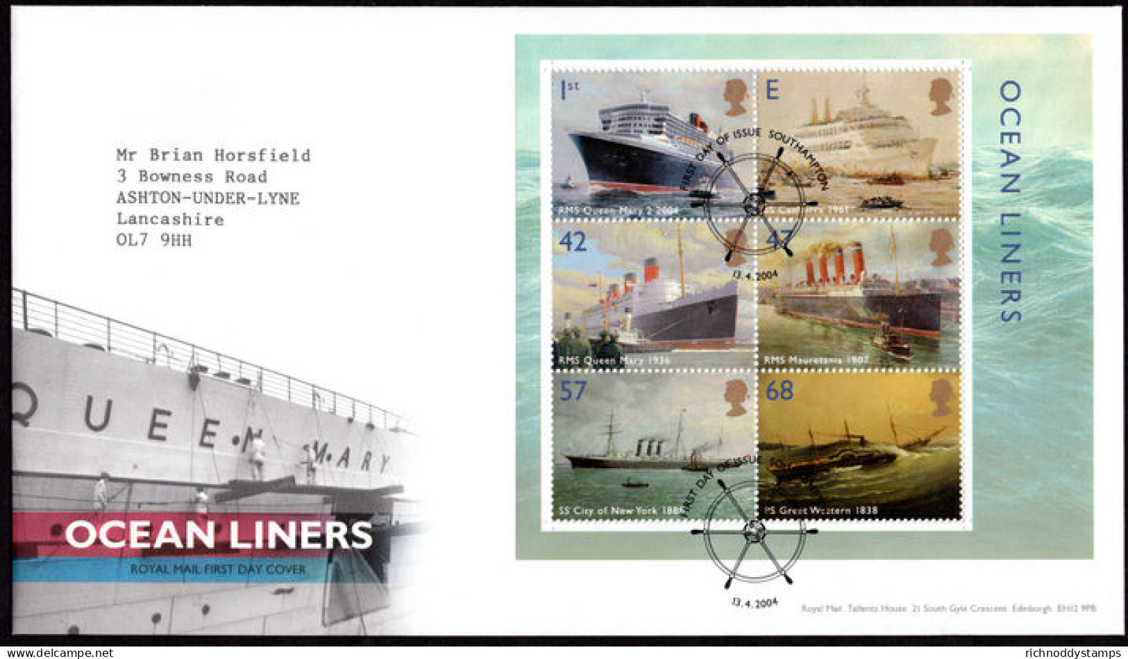 2004 Ocean Liners Souvenir Sheet SOUTHAMPTON First Day Cover. - 2001-2010 Dezimalausgaben