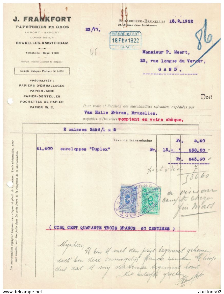 Facture 1922 Schaerbeek-Bruxelles J. Frankfort Papeteries En Gros + TP Fiscaux - Stamperia & Cartoleria