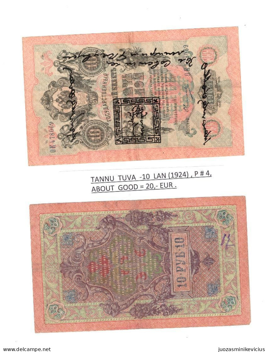 TANNU TUVA : 10  LAN -1924 , P # 4, ABOUT GOOD . - Other - Asia