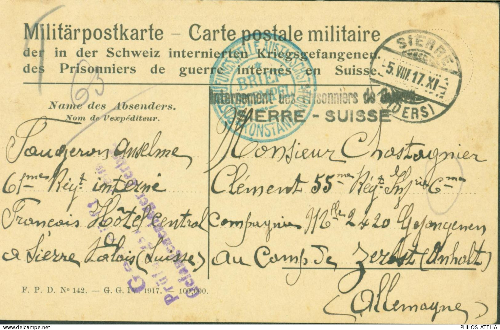 Suisse Guerre 14 FM Interné Français Cachet Internement Des Prisonniers De Guerre Sierre CAD 5 VIII 17 - Poststempel