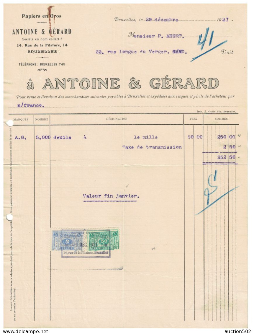 Facture 1921 Bruxelles Antoine & Gérard  Papiers En Gros + TP Fiscaux - Petits Métiers