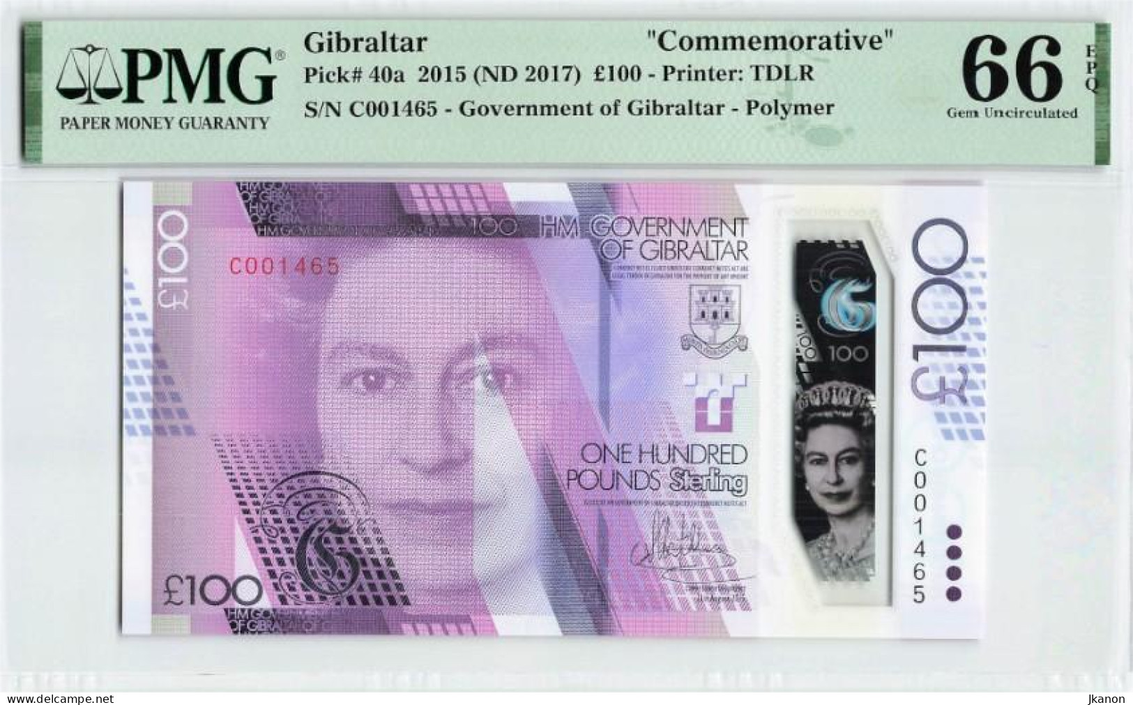 Gibraltar - 2015 100 Pounds, PMG 66 EPQ, Queen Elizabeth II. Potrait, Commemorative And Polymer Banknote - Gibraltar