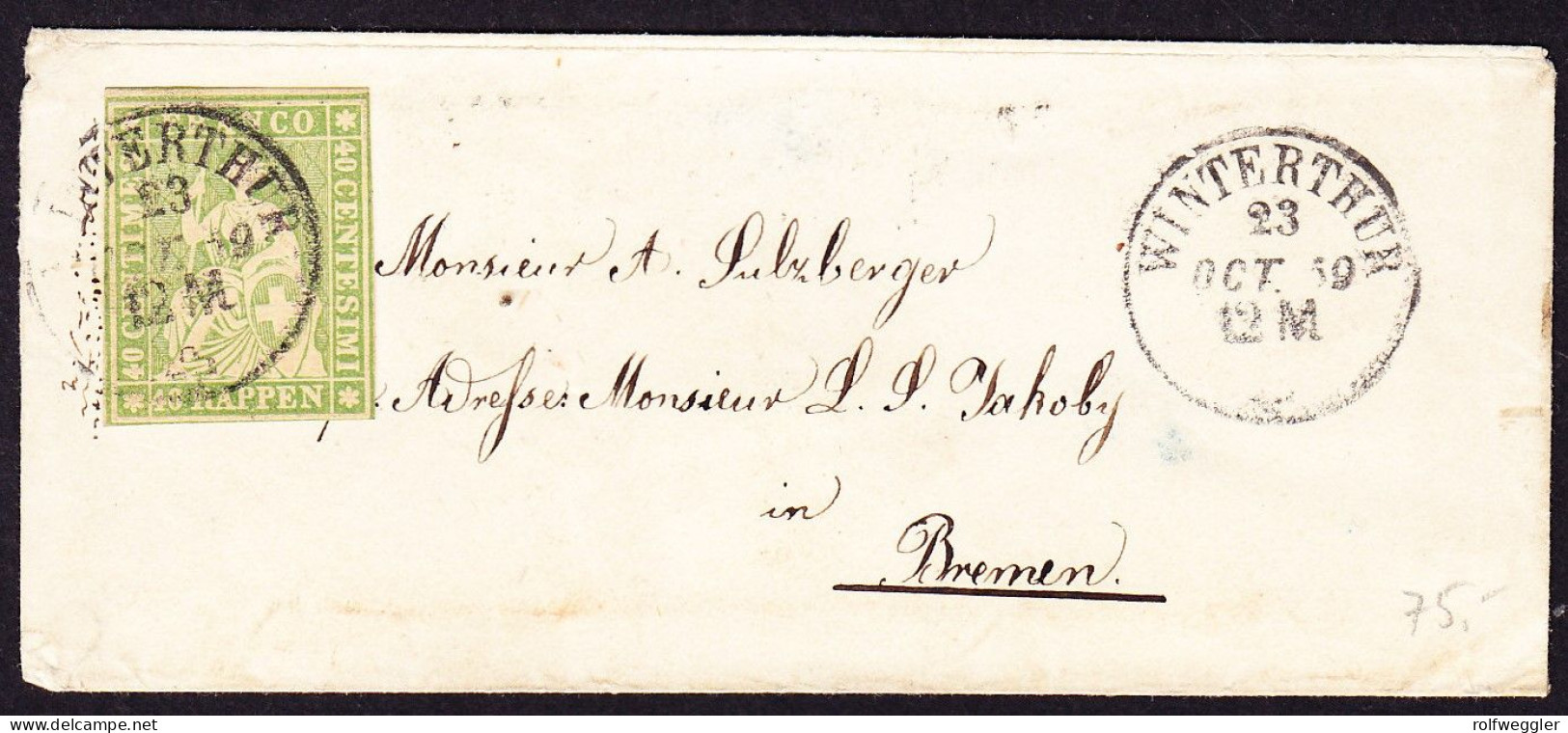 1859 Minibrief Mit 40 Rp Strubel Marke, Knapp Vollrandig, Gestempelt Winterthur Nach Bremen. - Covers & Documents