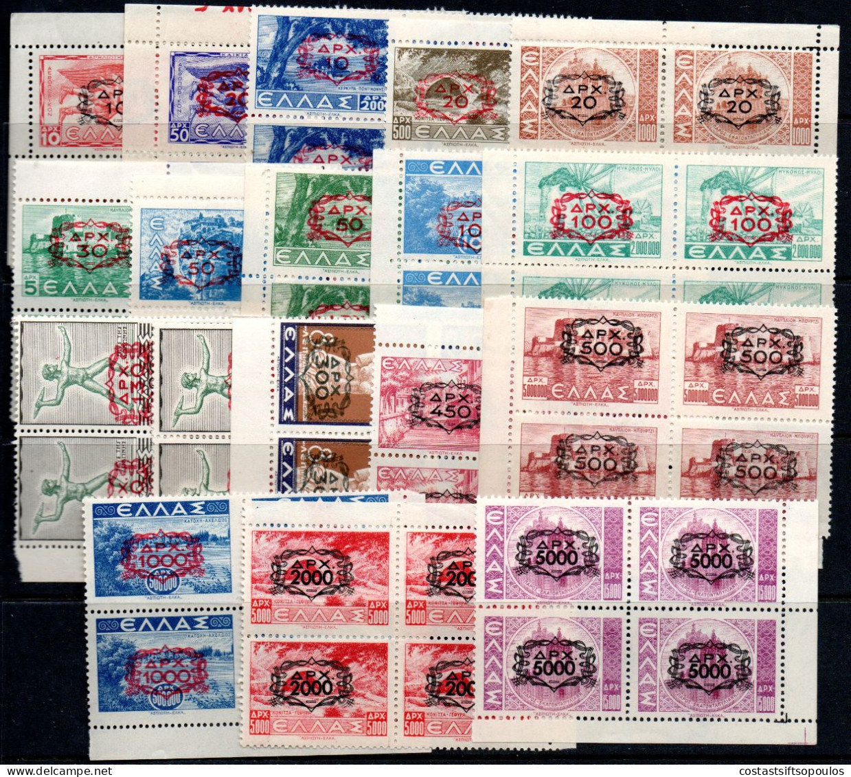 1543.GREECE 1946-1947 CHAINS VL. 591-608 MNH CORNER BLOCKS OF 4,# 608 HINGED IN MARGIN,7 SCANS - Nuovi