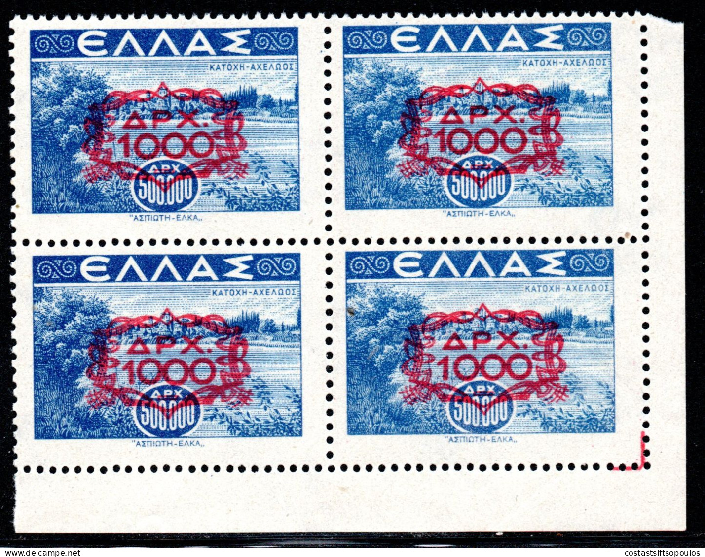 1543.GREECE 1946-1947 CHAINS VL. 591-608 MNH CORNER BLOCKS OF 4,# 608 HINGED IN MARGIN,7 SCANS - Unused Stamps