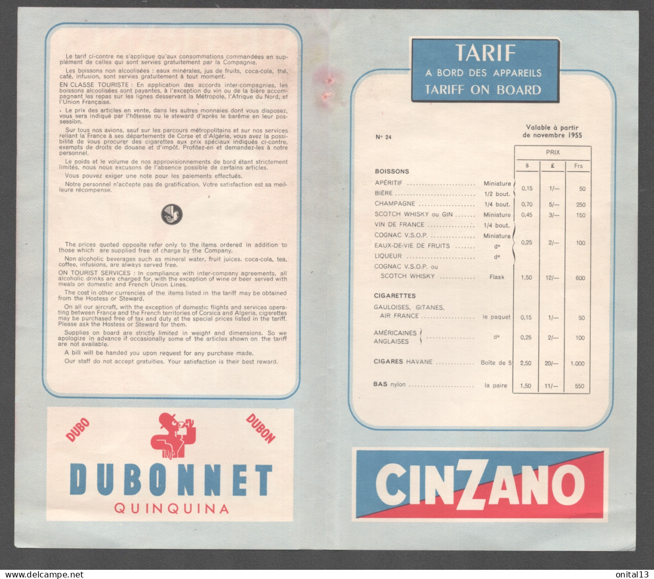 1955 AIR FRANCE TARIF A BORD DES APPAREILS   D2269 - Autres & Non Classés