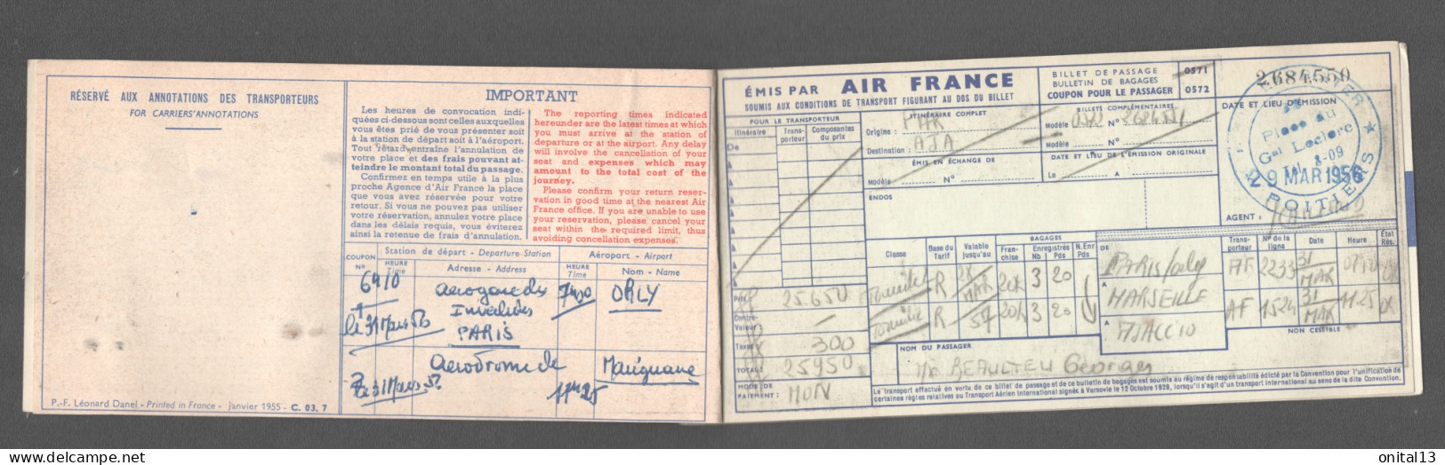 1956 2  SOUCHES BILLETS  AIR FRANCE / ALLER RETOUR PARIS MARSEILLE AJACCIO / AERODROME DE MARIGNANE  D2271 - Autres & Non Classés