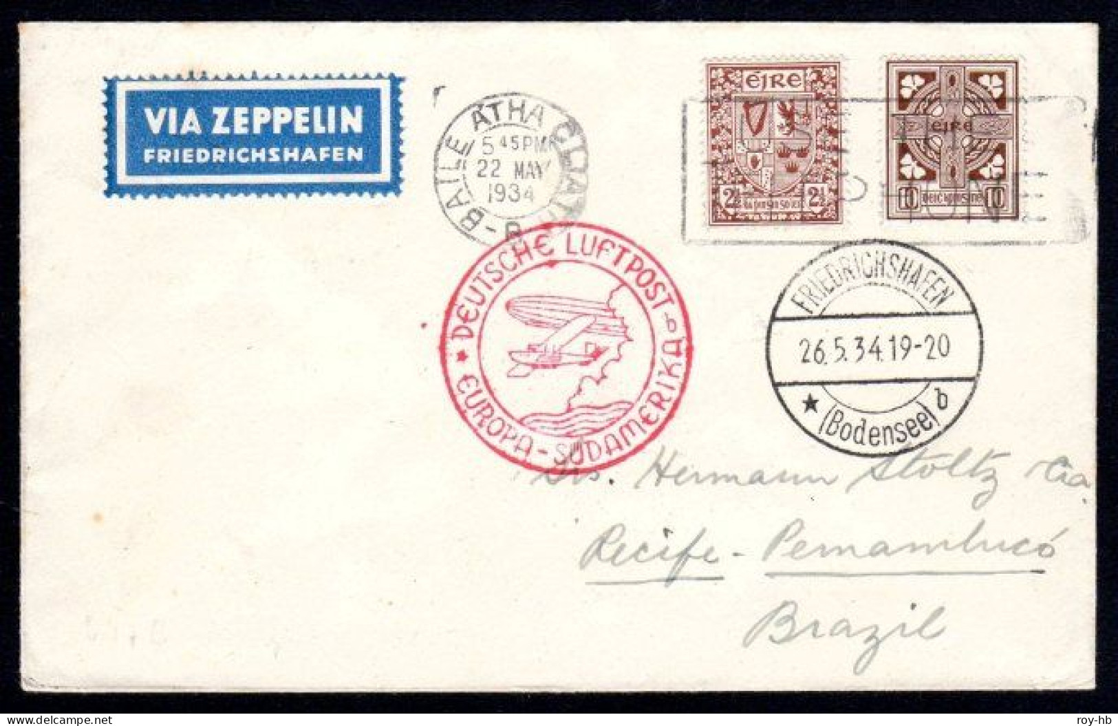 1934 (May 22) "Sieger" Cover Accepted From Dublin For The Graf Zeppelin 1st South America Flight, Rare! - Aéreo