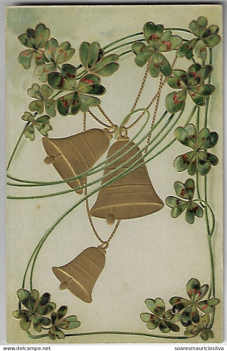 Portugal 1906 Postcard With Engraving Of 4-leaf Clover And Bell Sent From Lisbon With King Carlos I Stamp 10 Réis - Lettres & Documents