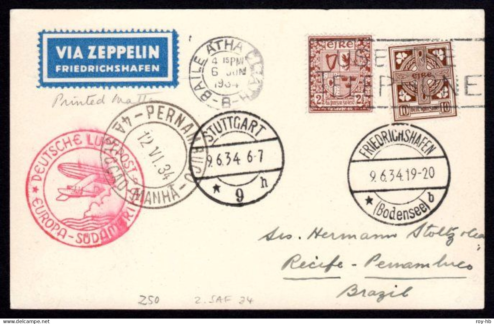 1934 (June 6) "Davis" Postcard Accepted From Dublin For The Graf Zeppelin 2nd South America Flight To Recife, Rare! - Aéreo