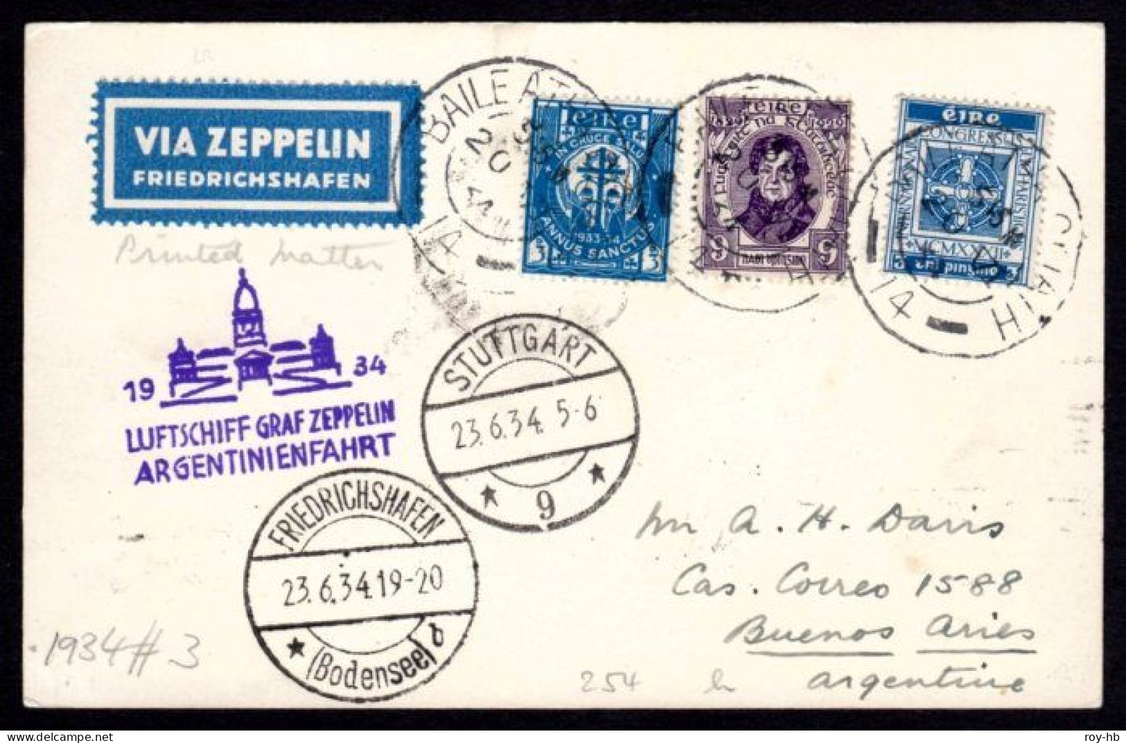 1934 (June 20) "Davis" Postcard Accepted From Dublin For The Graf Zeppelin 3rd South America Flight To Argentina, Rare! - Aéreo