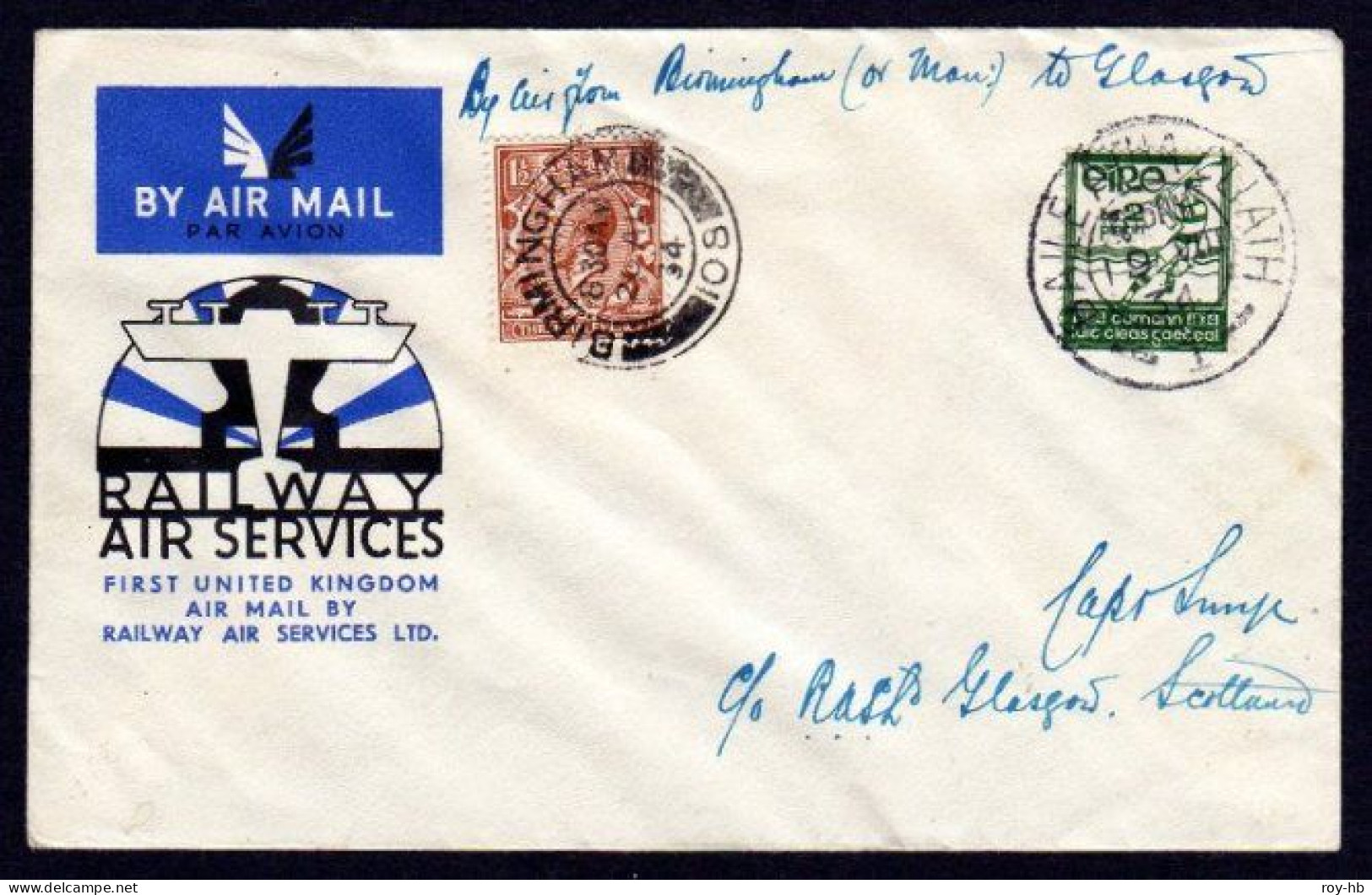 1934 (Aug. 19) "Smye" Special Cover With Dual Franking From Dublin For The 1st R.A.S. Airmail Via Birmingham To Glasgow - Poste Aérienne