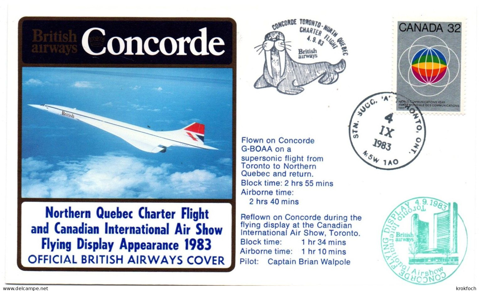 Concorde BA - Toronto North Quebec Charter Flight 1983 - First Flight Erstflug 1er Vol - Toronto Airshow - Morse - Erst- U. Sonderflugbriefe