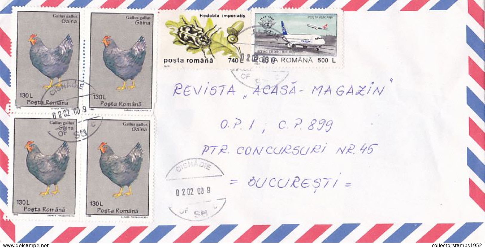 CHICKEN, BEETLE, PLANE, STAMPS ON COVER, 2000, ROMANIA - Storia Postale