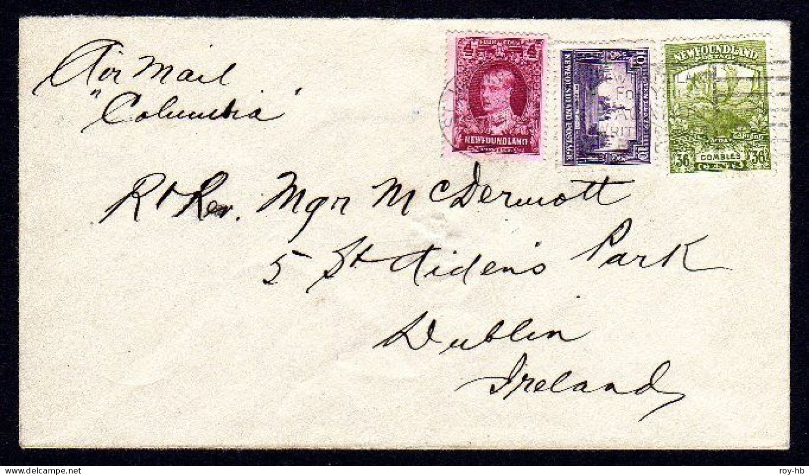 1930 (Oct. 9) Cover From St. Johns, Newfoundland Per Transatlantic Airmail "Columbia" Addressed To Dublin - Airmail