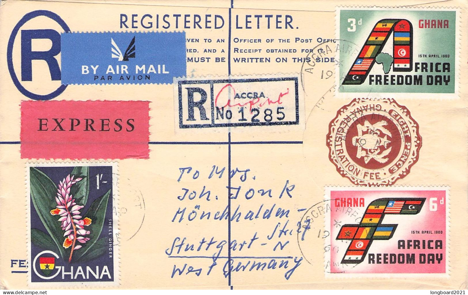 GHANA -  AIRMAIL REGISTERED 1960 - STGUTTGART #77,78, 57 /*142 - Ghana (1957-...)