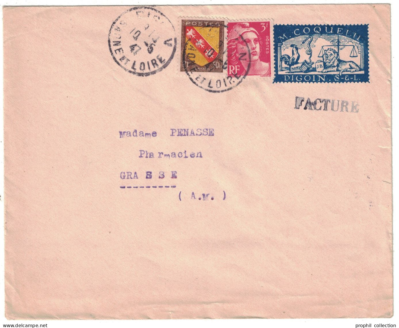 LETTRE Avec PSEUDO ENTIER M. COQUELIN DIGOIN + AFFRANCHISSEMENT GANDON ARMOIRIES LORRAINE Pour GRASSE 1947 - Pseudo-interi Di Produzione Privata