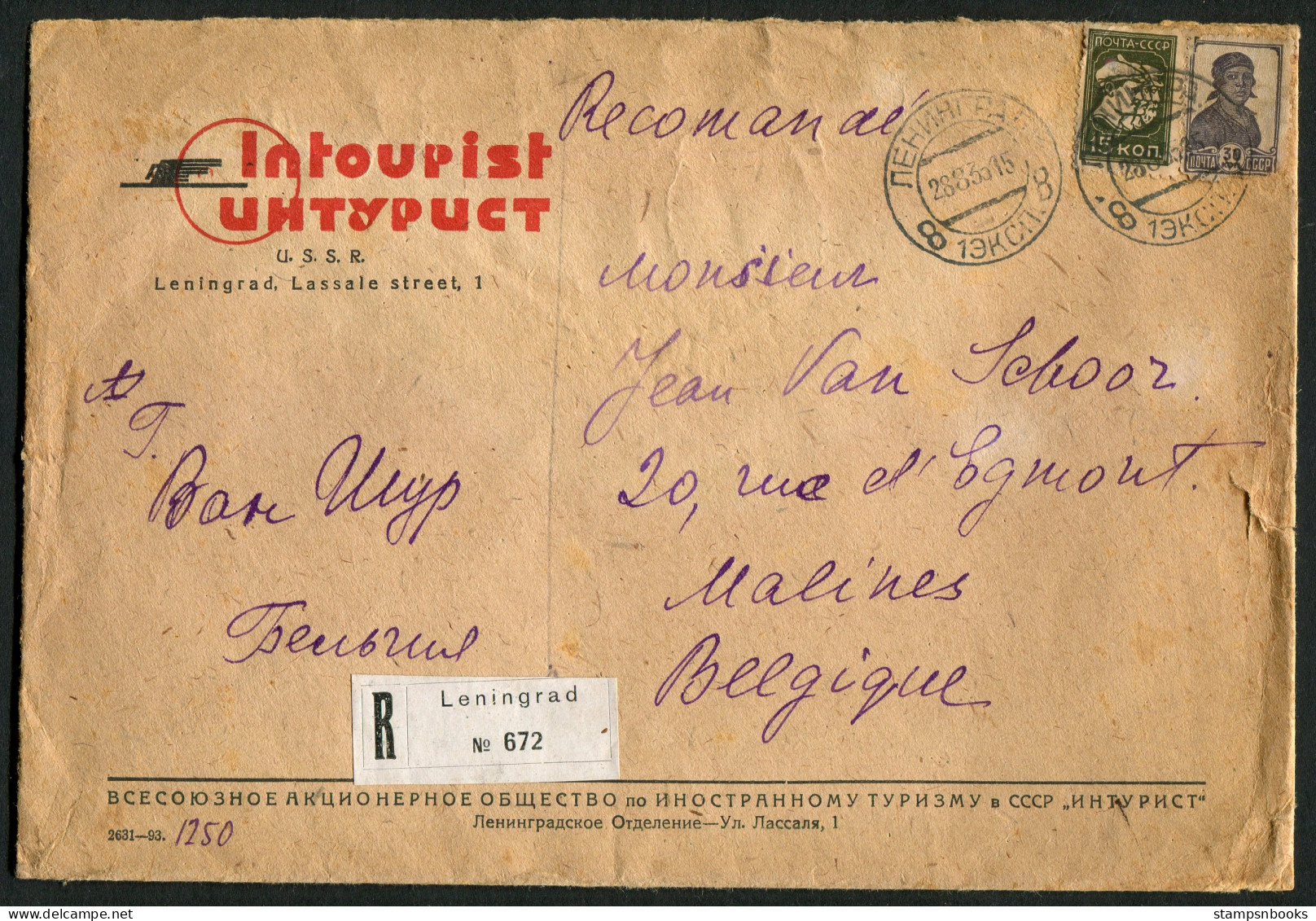 1935 Russia USSR Registered Leningrad Intourist Cover - Malines Belgium  - Briefe U. Dokumente