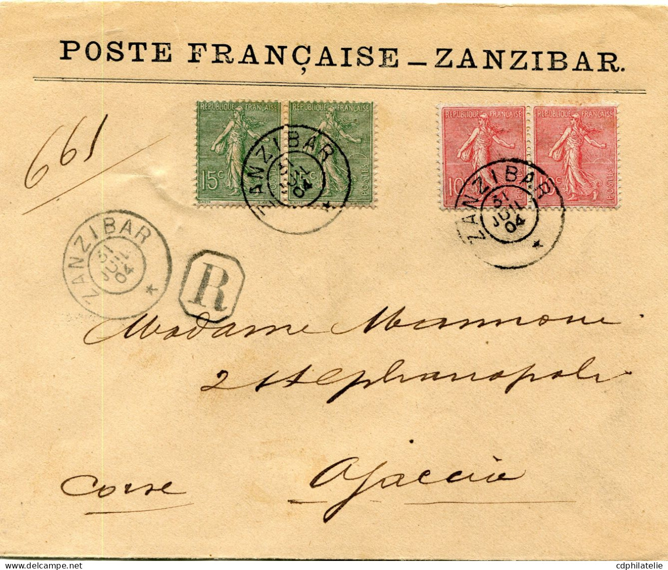 ZANZIBAR LETTRE RECOMMANDEE AFFRANCHIE AVEC 2 X LES N°129 ET 130 DE FRANCE DEPART ZANZIBAR 31 JUIL,04 POUR LA FRANCE - Covers & Documents