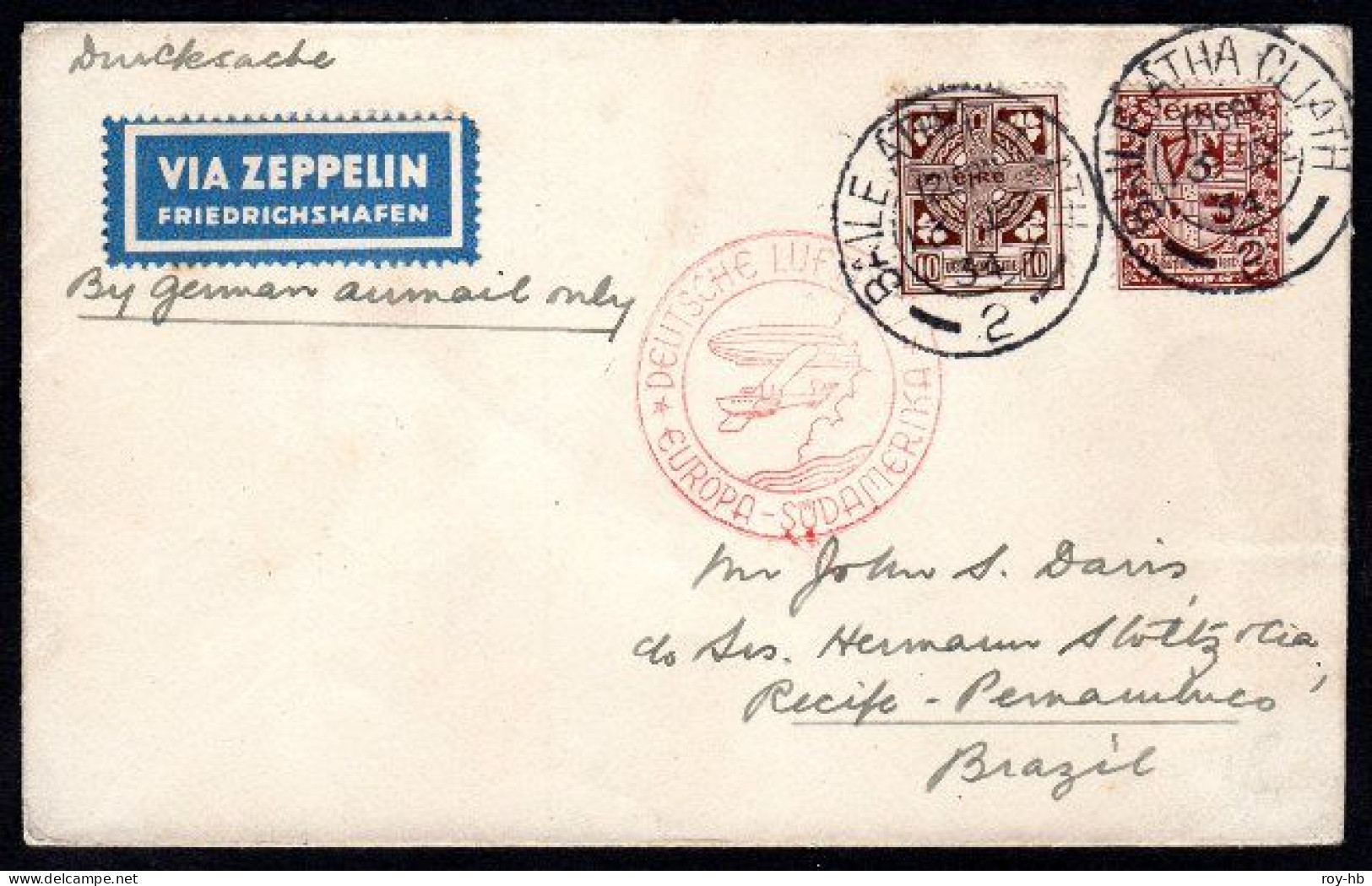 1934 (Sept. 13) Davis Cover Accepted From Dublin For The 8th South America Flight, This Cover To Recife - Airmail