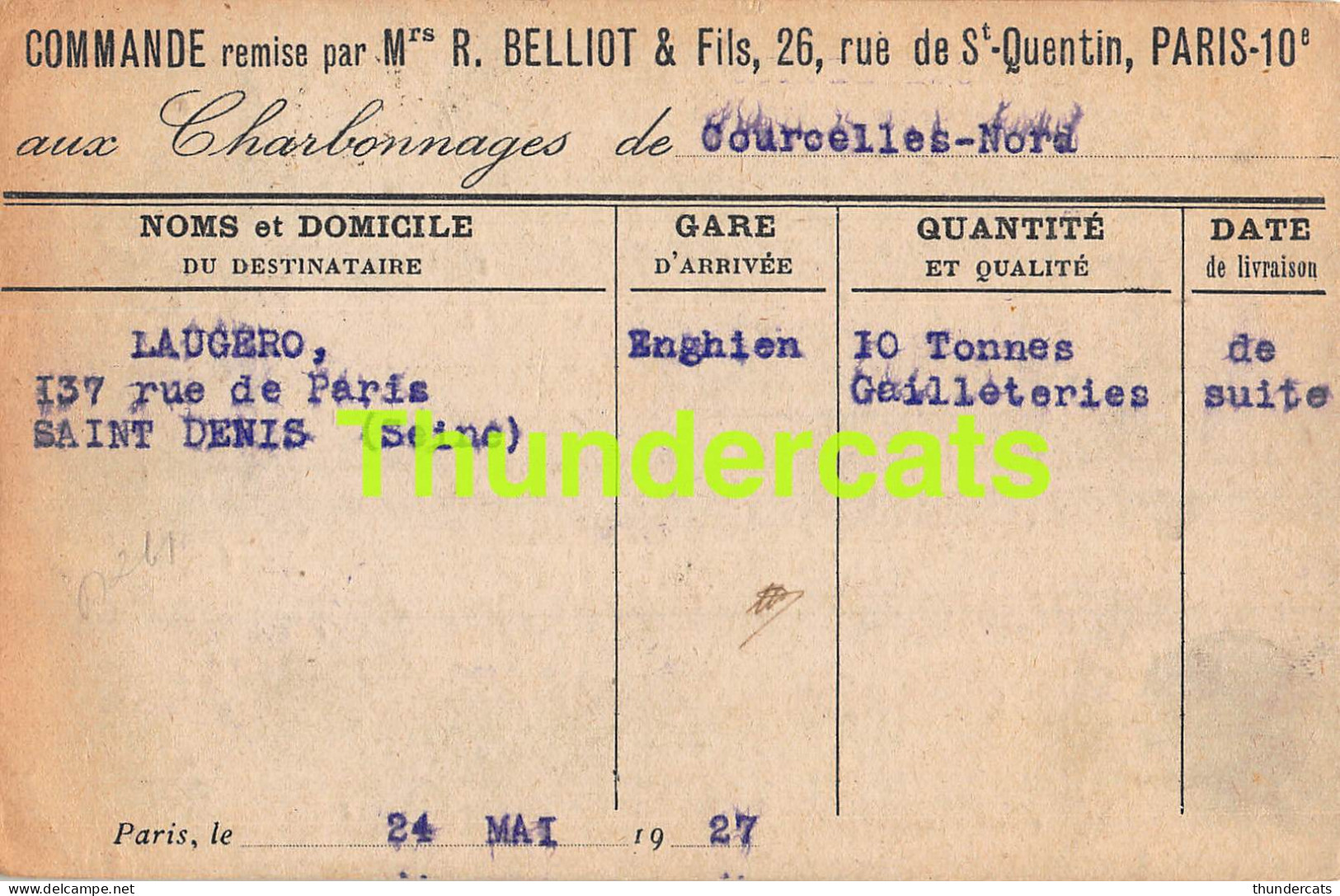 CPA COMMANDE REMISE PAR BELLIOT RUE ST QUENTIN PARIS AUX CHARBONNAGES DE COURCELLES NORD CHARBONNAGE LAUGERO ENGHIEN  - Mines