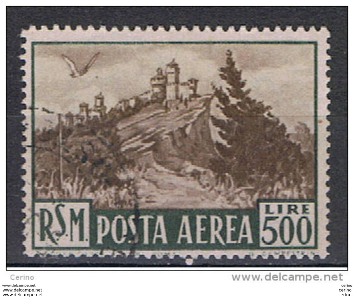 SAN  MARINO:  1951  P.A. VEDUTA  -  £. 500  VERDE  SCURO  E  BRUNO  US. -  SASS. 97 - Airmail