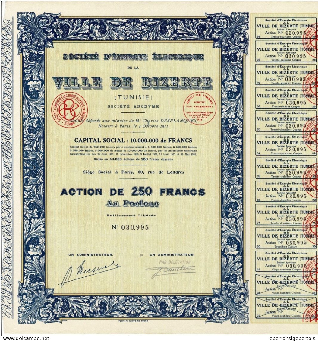 Titre De 1939 - Société D'Energie Electrique De La Ville De Bizerte- - Afrique