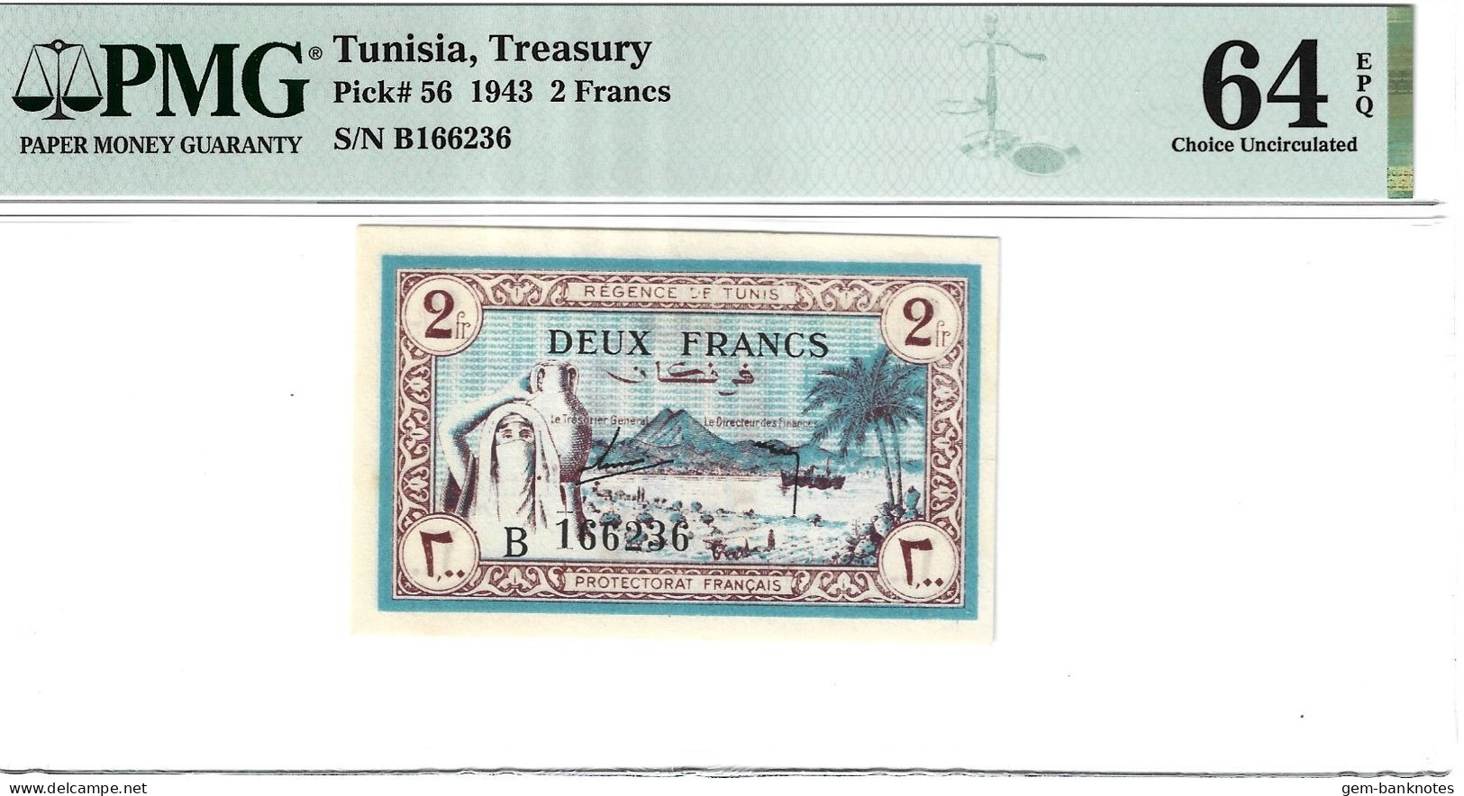 Tunisia, Treasury 2 Francs 1943 P56 Graded 64 EPQ Choice Uncirculated By PMG - Tunisia