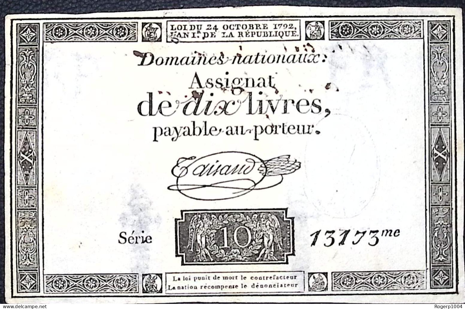 Assignat 10 Livres * Date 24/10/1792 * Etat/Grade TTB/VF - Assignats