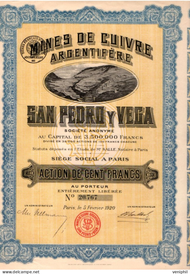 MINES DE CUIVRE ARGENTIFERE -  SAN PEDRO Y VEGA - MEXIQUE - ACTION DE CENT FRANCS - ANNEE 1920 - Mijnen