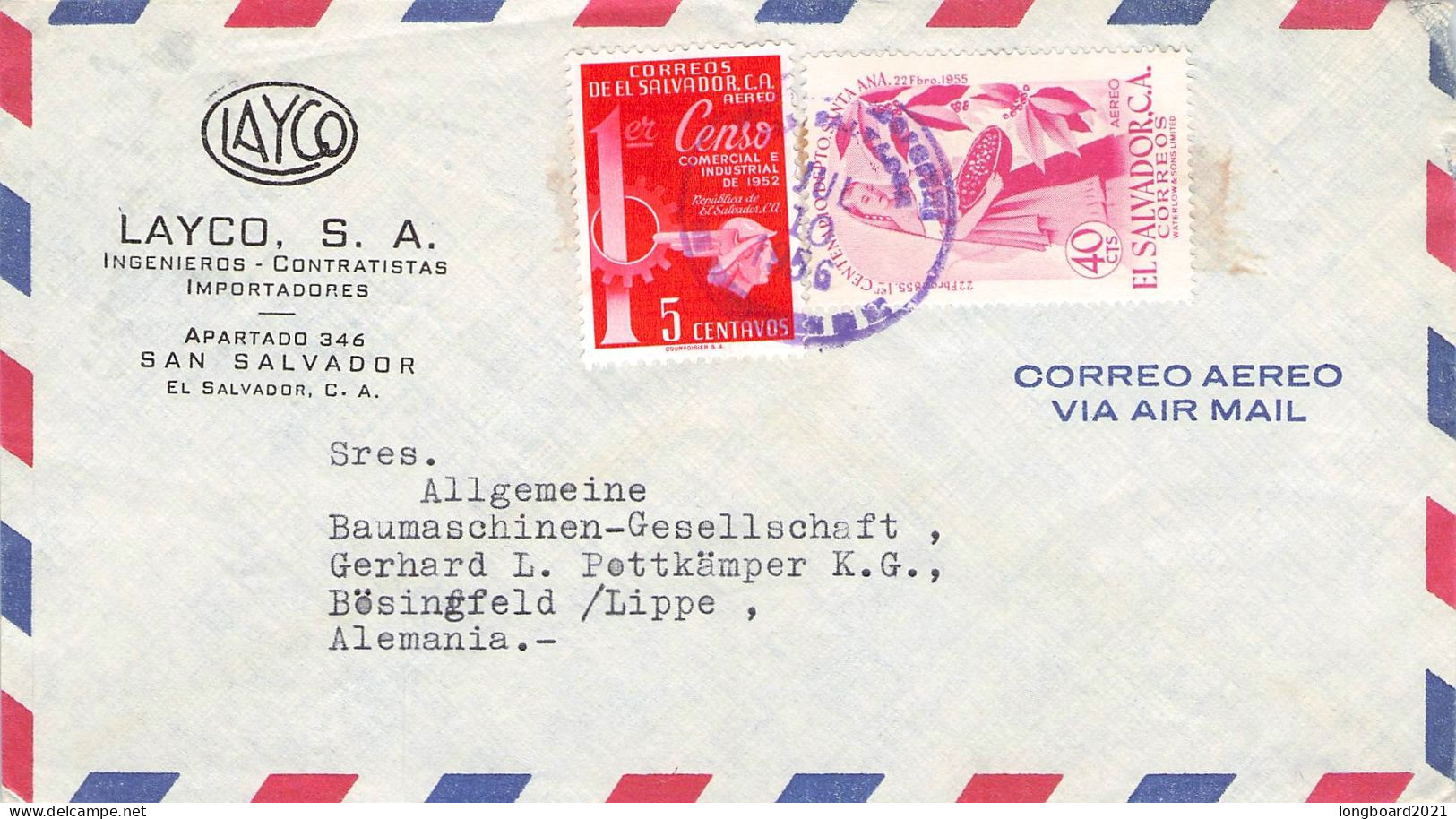 EL SALVADOR - AIRMAIL 1956 - BÖSINGFELD/DE /*152 - El Salvador