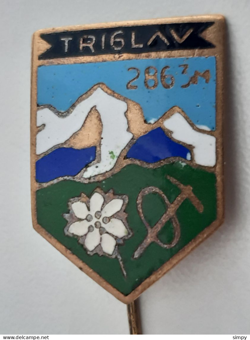 Triglav 2863m Alpinism, Mountaineering Axe Edelweiss Slovenia Vintage Enamel  Pin - Alpinisme