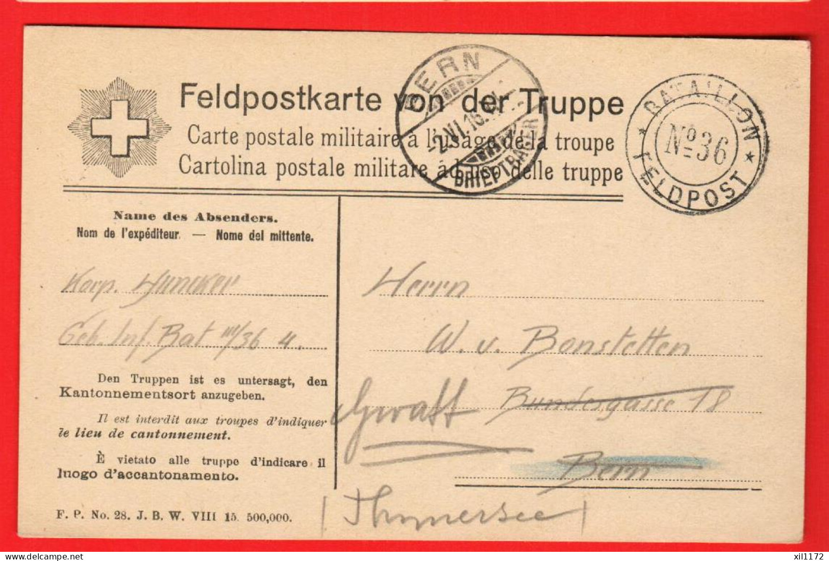 ZVI-18 Feldpostkarte Poste Militaire Cachet Feldpost Bataillon No 36 Et Bern 1916 - Poststempel