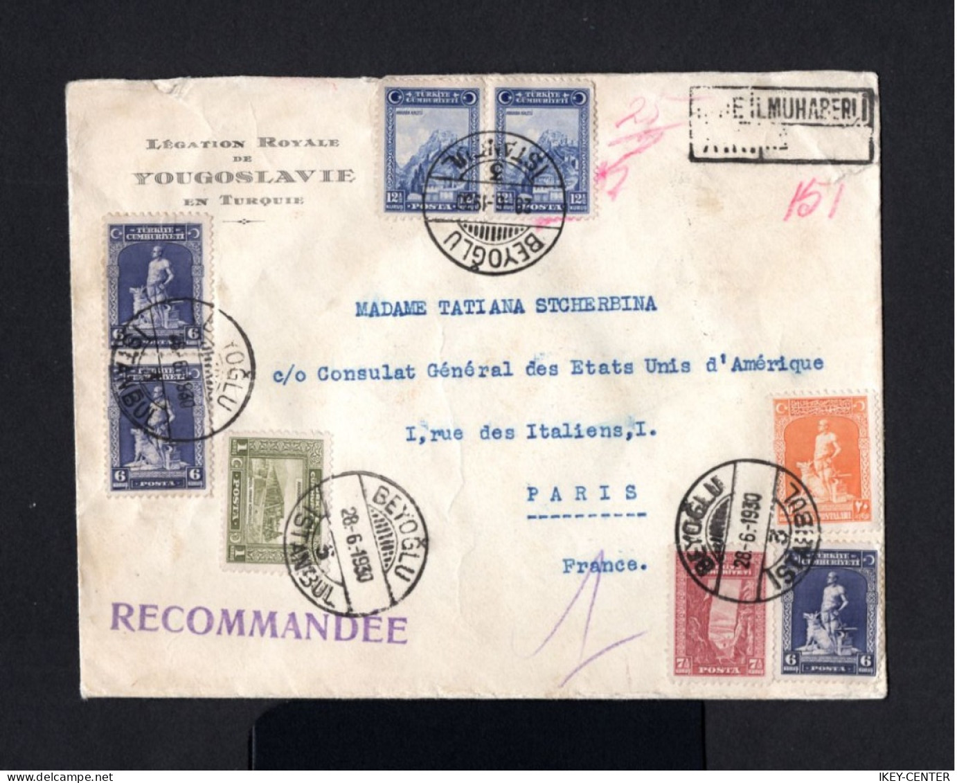 S2138-TURKEY-REGISTERED OTTOMAN ROYALE COVER BEYOGLU To PARIS (france).1930.WWII.Enveloppe Recommande TURQUIE - Lettres & Documents