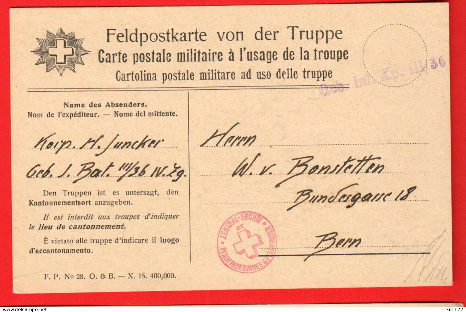 ZVI-27 Feldpostkarte Poste Militaire Cachet GEb. Inf. KP III/36 Zentral Archiven Pfadfinder-innen In 1916 - Annullamenti