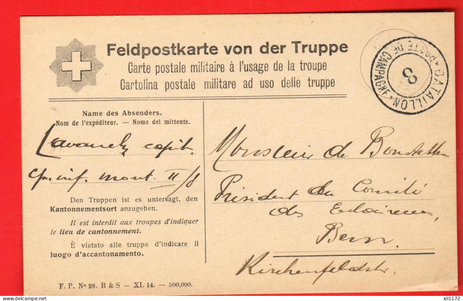 ZVI-29 Feldpostkarte Poste Militaire Cachet Bataillon No 8  Vers Bern, Au Président Comité Des Eclaireuses En 1915 - Postmarks