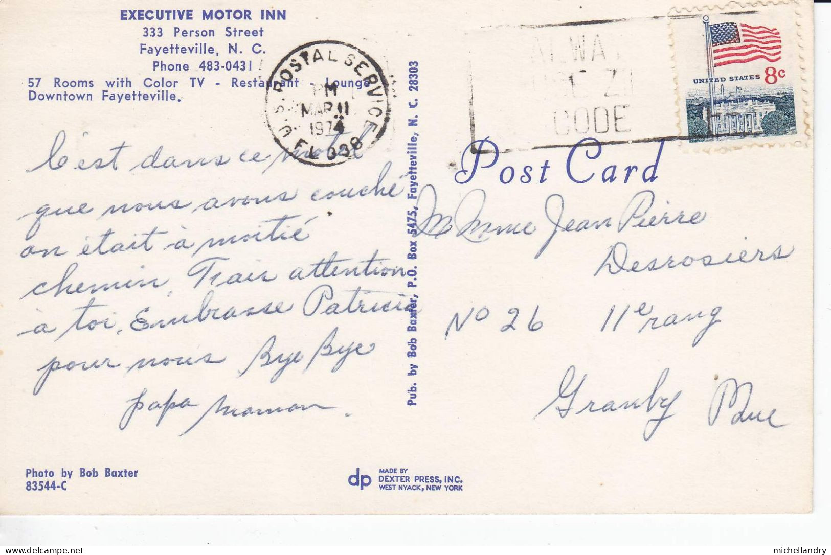 Carte Postal (122990) Executive Motor Inn Fayetteville NC Timbre 8c USA 11 Mar 1974 Avec écriture - Fayetteville